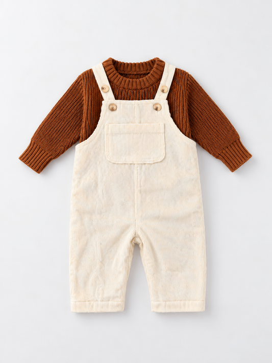 Knitted Sweater Brown & Dungaree White Set