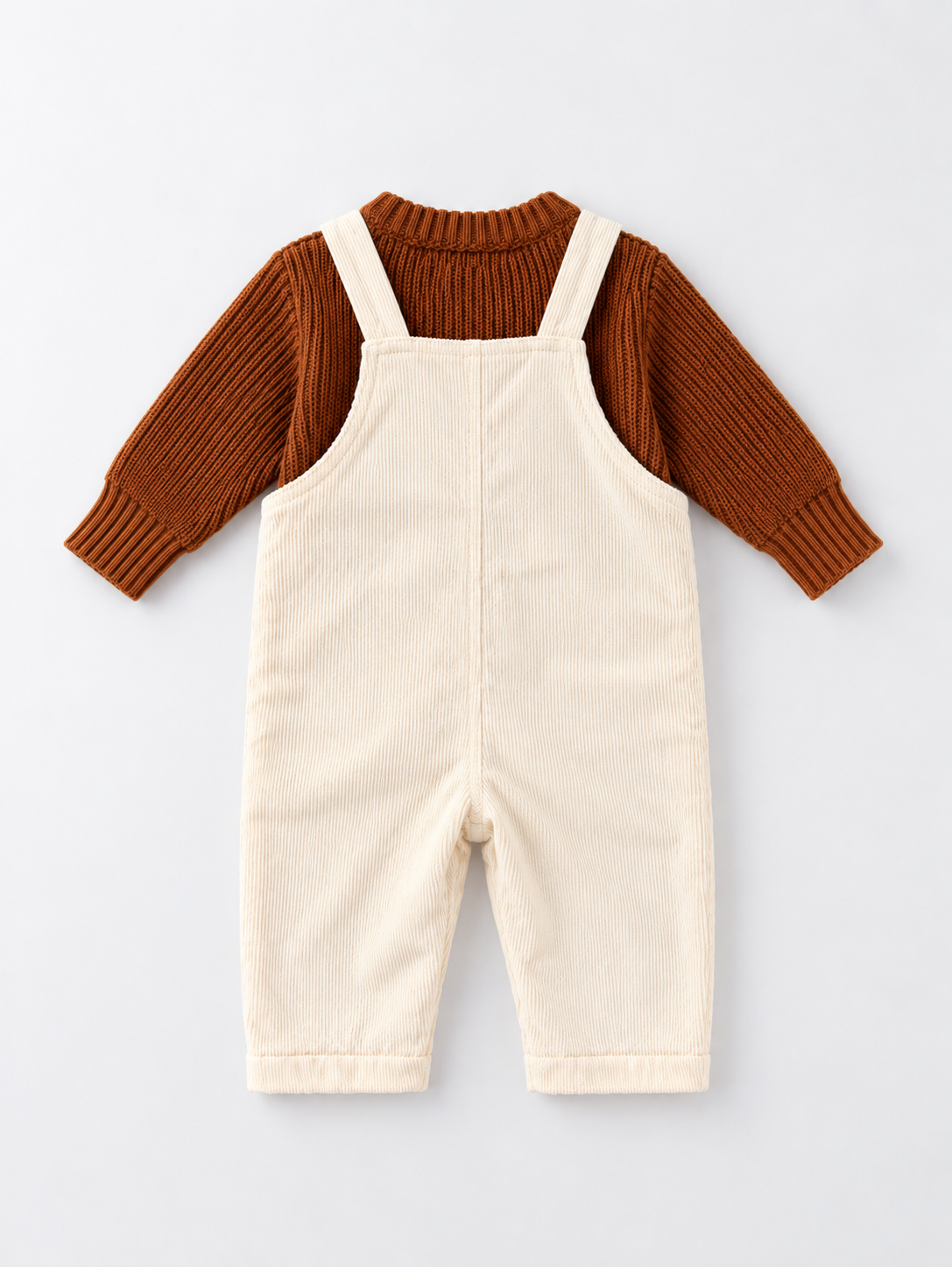 Knitted Sweater Brown & Dungaree White Set