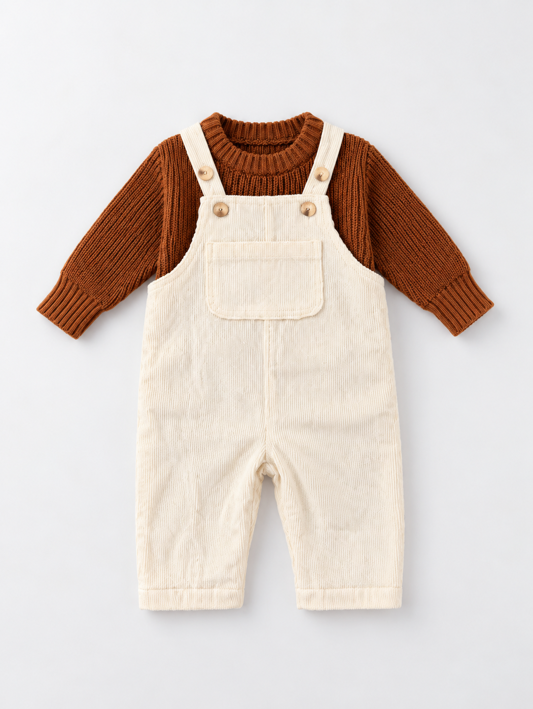 Knitted Sweater Brown & Dungaree White Set
