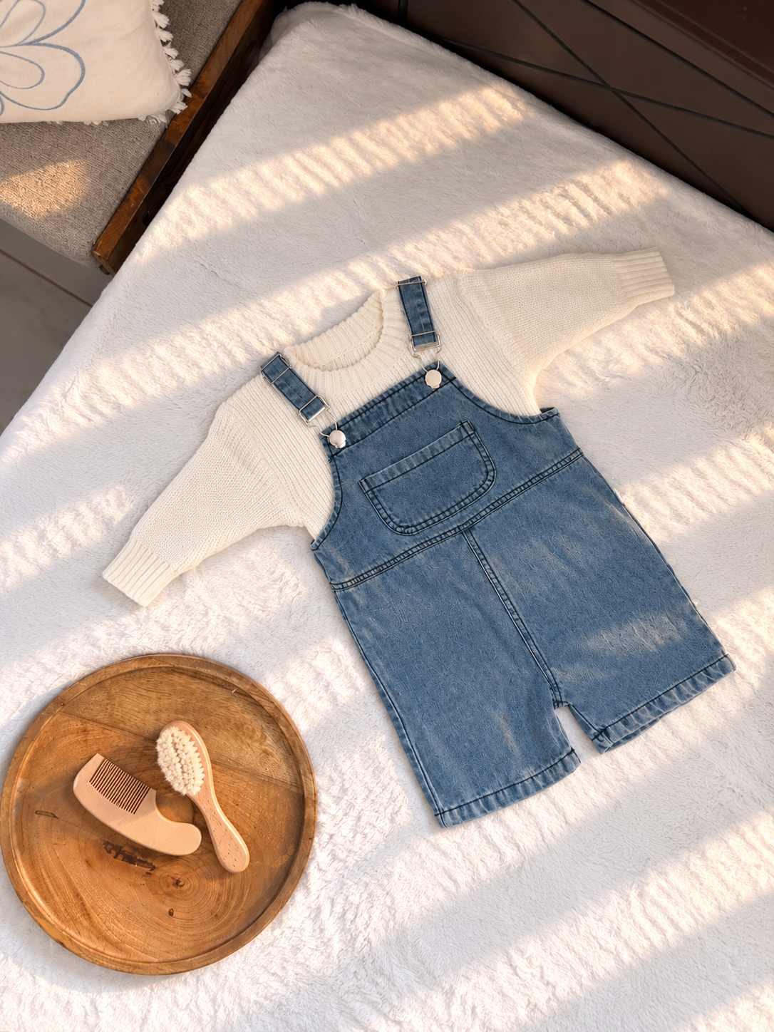 Baby Denim Dungaree Set with Cream Knit Sweater