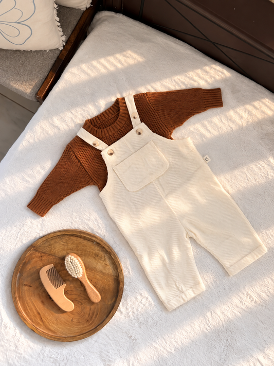 Knitted Sweater Brown & Dungaree White Set