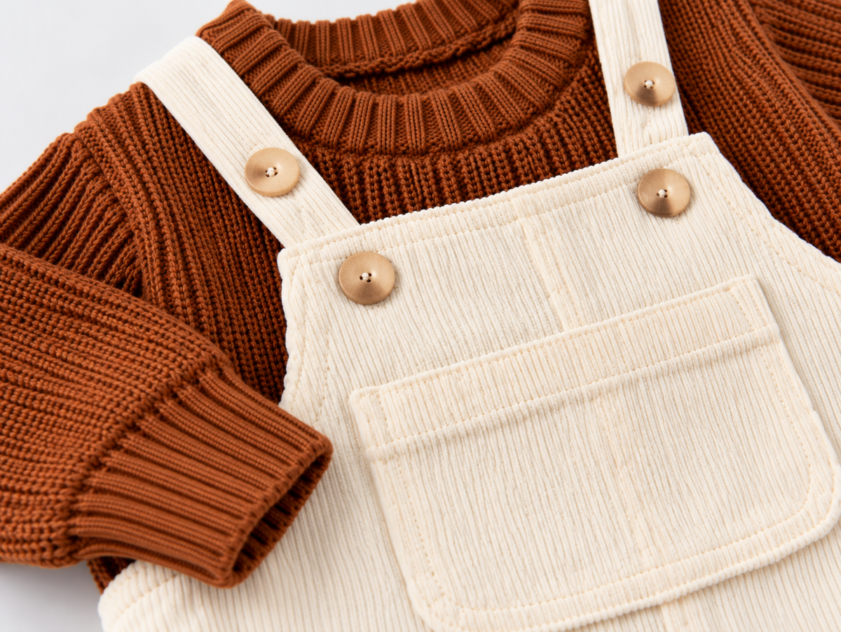 Knitted Sweater Brown & Dungaree White Set