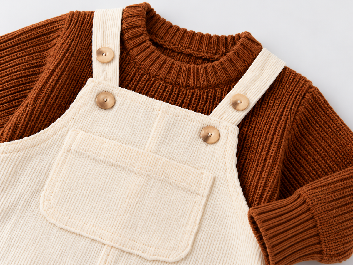 Knitted Sweater Brown & Dungaree White Set