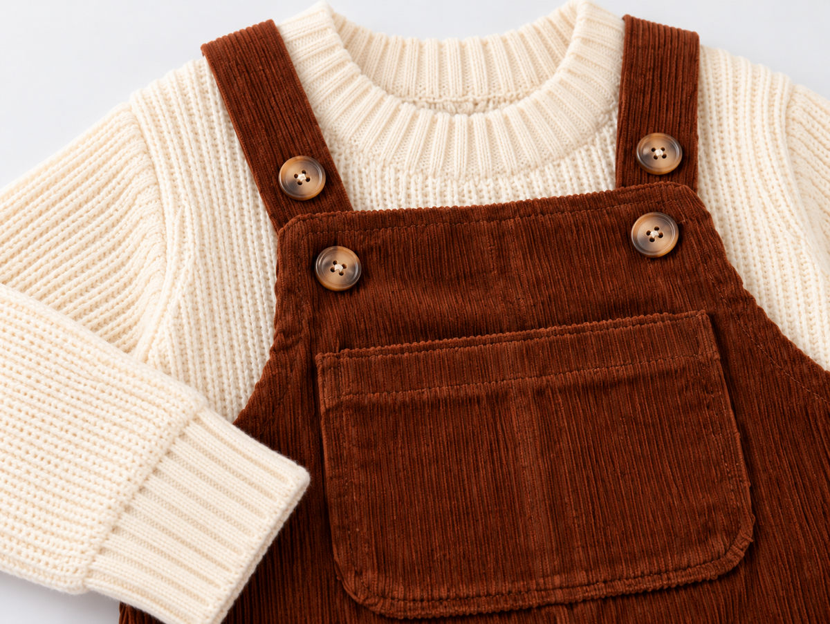 Knitted Sweater White & Dungaree Brown