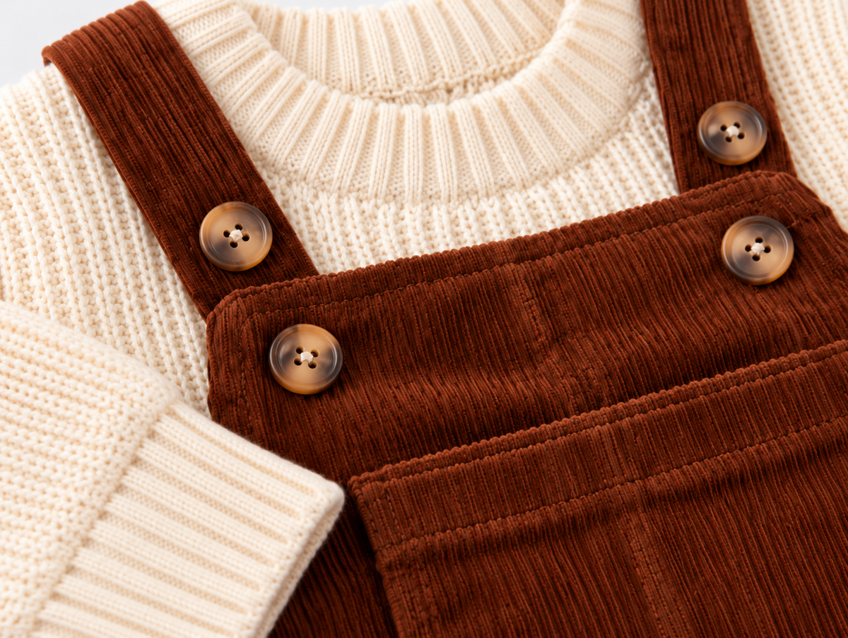 Knitted Sweater White & Dungaree Brown