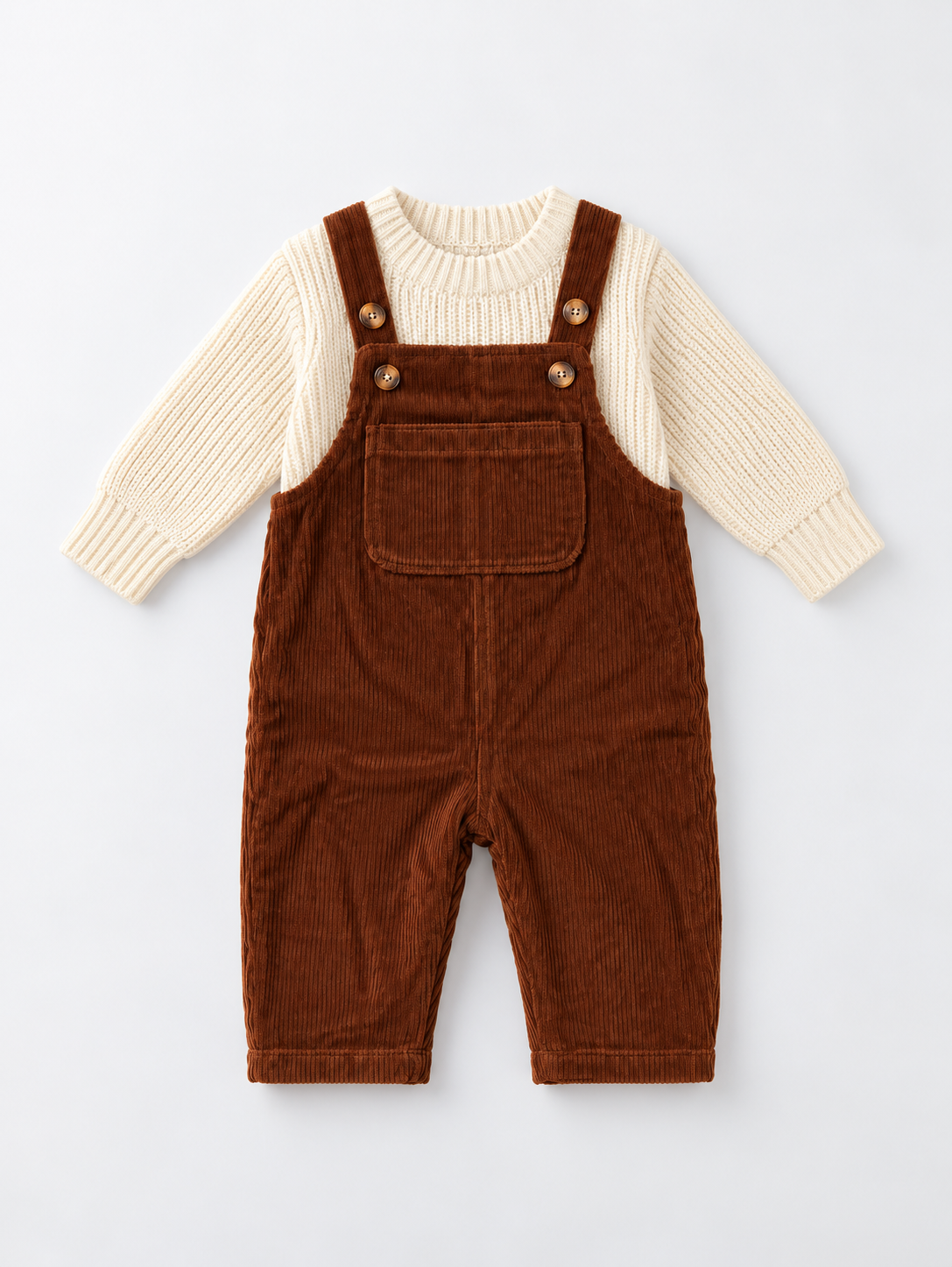 Knitted Sweater White & Dungaree Brown